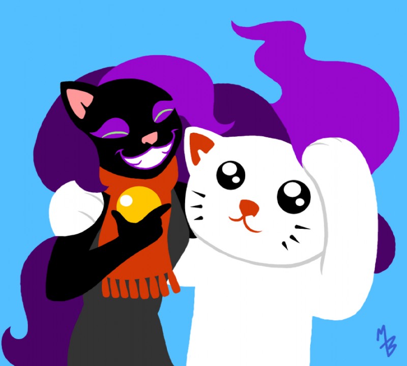 ambiguous_gender anthro black_body black_fur clothing duo female fur hand_behind_head hat headgear headwear scarf smile teeth_showing white_body white_fur lollipoppaintbrush maneki-neko speedrunners lucky_(speedrunners) salem_(speedrunners) domestic_cat felid feline felis mammal 2015