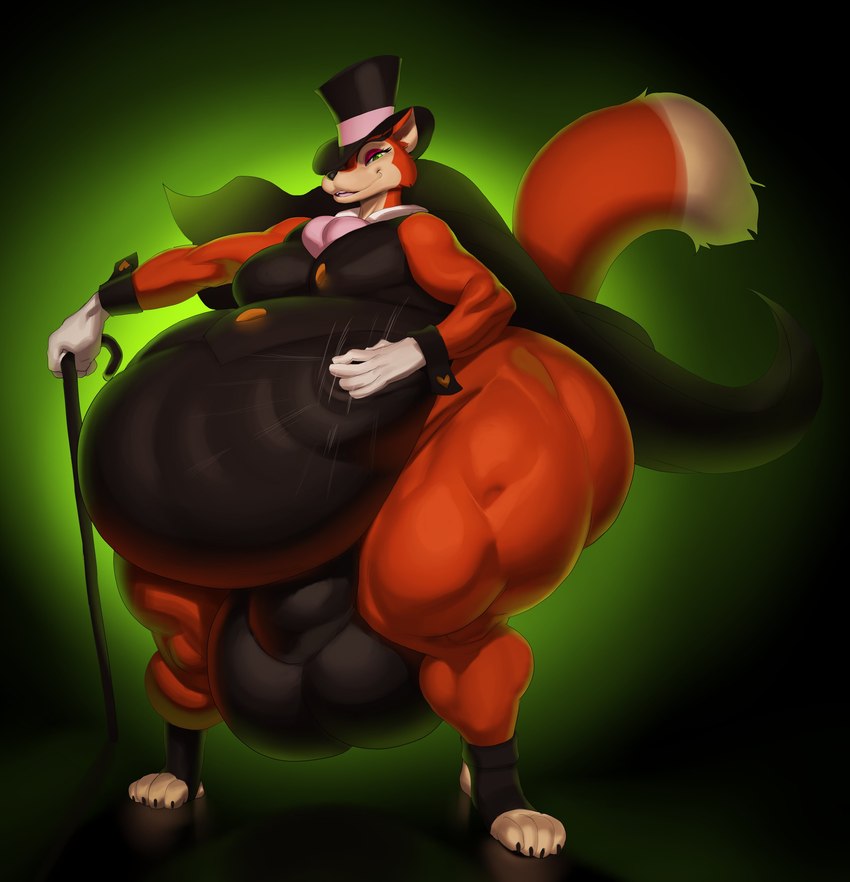 anthro ascot balls belly big_balls big_belly big_bulge big_butt black_clothing bulge butt cane cape claws clothed clothing fangs front_view fur genitals green_eyes half-closed_eyes hand_on_belly hat headgear headwear holding_cane holding_object huge_balls huge_belly huge_bulge hyper hyper_balls hyper_belly hyper_bulge hyper_genitalia looking_at_viewer male narrowed_eyes obese obese_anthro obese_male open_mouth overweight overweight_anthro overweight_male raised_tail smile smiling_at_viewer solo standing tail teeth thick_thighs toe_claws tongue top_hat wide_hips justmegabenewell disney pinocchio "honest"_john_foulfellow canid canine fox mammal 2022 absurd_res hi_res