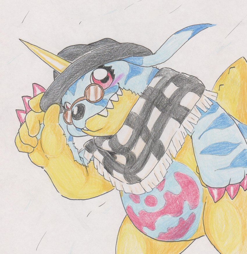 ambiguous_gender animal_skin anthro belly blush claws clothing eyewear glasses hat headgear headwear horn red_eyes scarf simple_background slightly_chubby solo white_background yellow_body tabasukotrr bandai_namco digimon digimon_(species) gabumon hi_res traditional_media_(artwork)