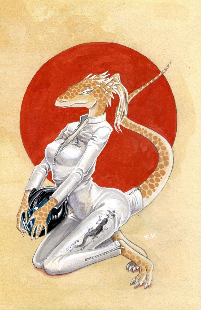 anthro barefoot claws clothing feet female furgonomics japanese_flag leathers motorcycle_helmet nails red_sun scales tail tail_clothing zipper zipper_down tsukasa_katsumata lizard reptile scalie hi_res