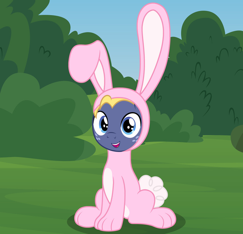 blonde_hair blue_eyes bunny_costume clothing costume grass hair looking_at_viewer male open_mouth open_smile outside plant shrub smile solo badumsquish friendship_is_magic hasbro my_little_pony star_tracker_(mlp) equid equine horse mammal pony 2021 hi_res