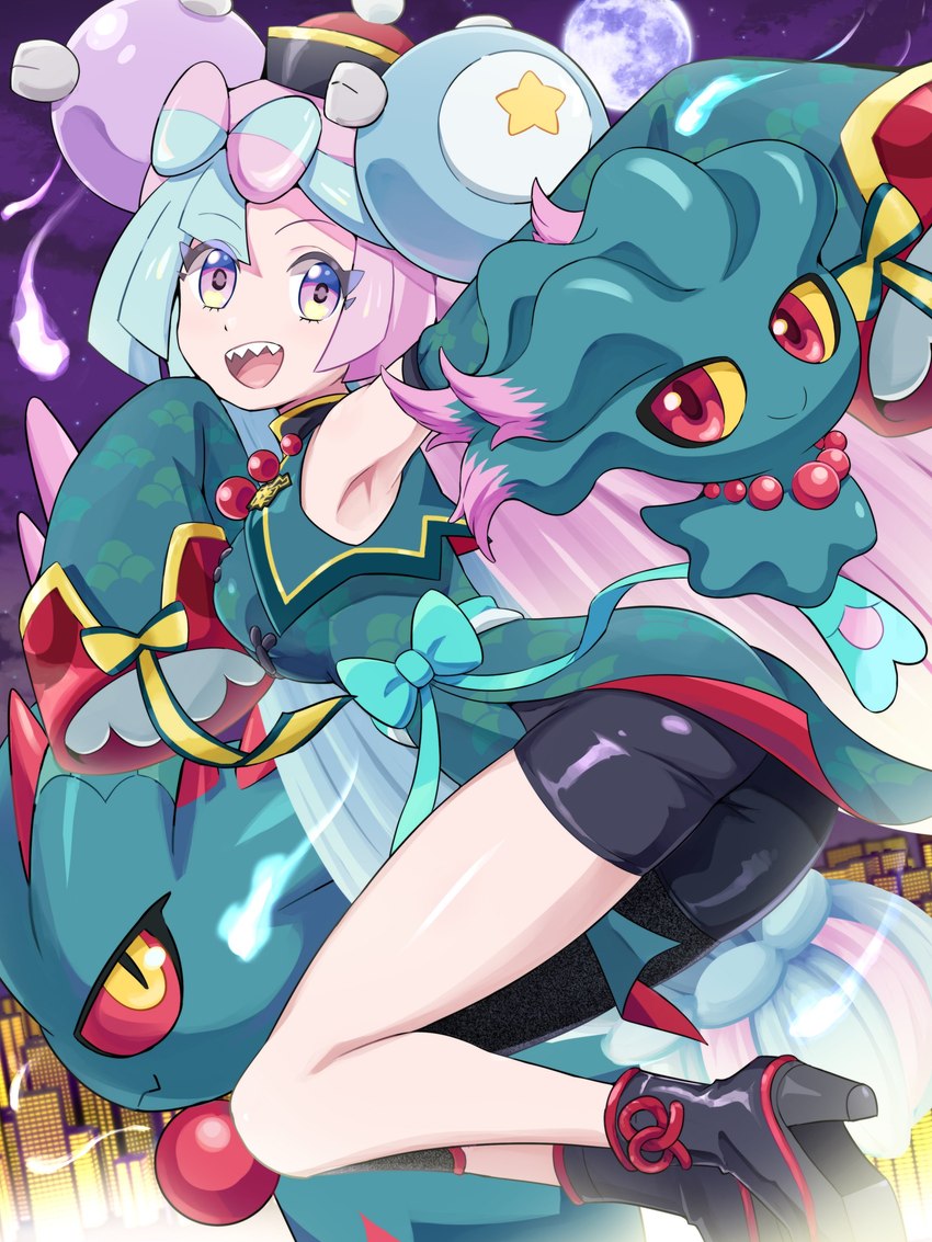 blue_hair bottomwear butt clothing female hair human_focus jewelry jiangshi_costume looking_back moon multicolored_hair necklace night open_mouth pink_eyes pink_hair red_eyes red_sclera sharp_teeth shorts smile teeth yellow_eyes yellow_sclera pokemoa nintendo pokemon iono_(pokemon) ancient_pokemon flutter_mane generation_1_pokemon generation_2_pokemon generation_9_pokemon human magnemite mammal misdreavus paradox_pokemon pokemon_(species) 3:4 absurd_res hi_res