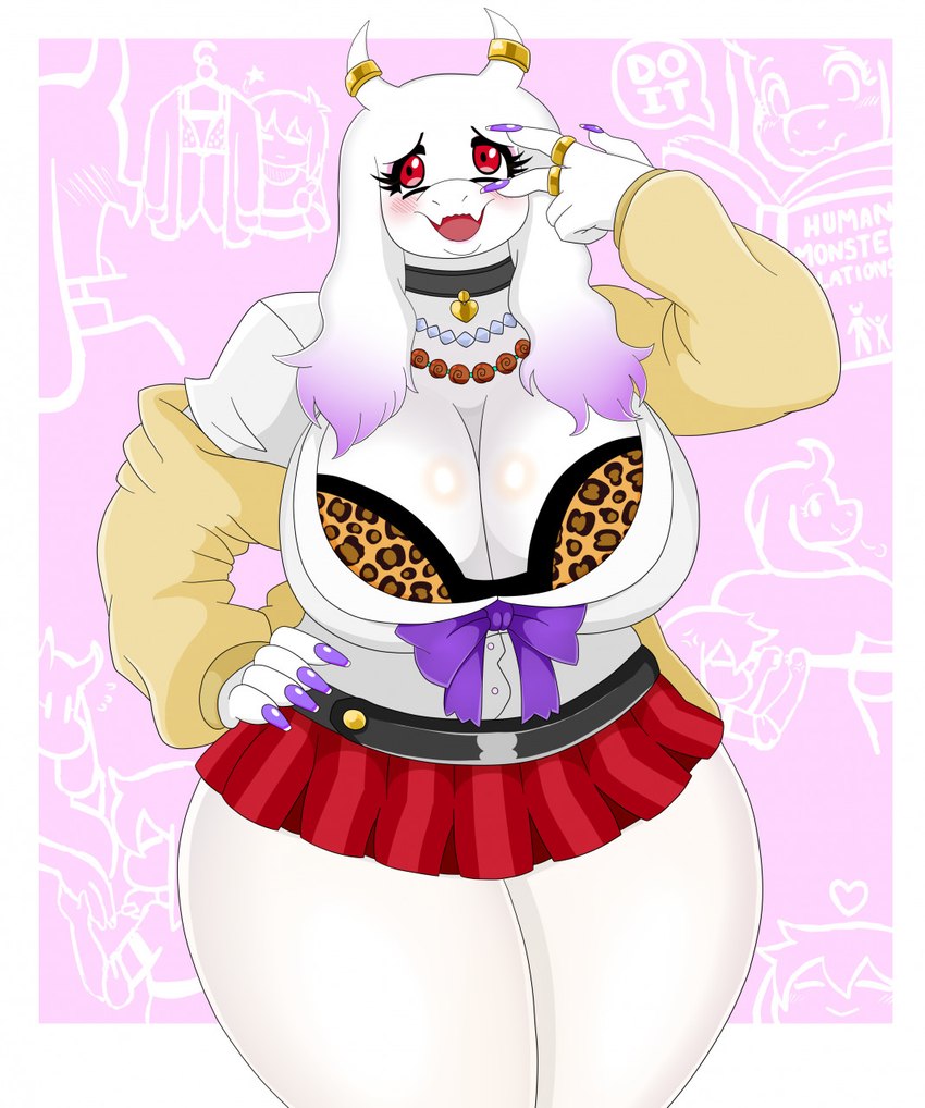 alternative_fashion amesuku_gyaru animal_print anthro big_breasts blush blush_lines bottomwear bra bra_peek breasts choker cleavage clothed clothing coffin_nails colored_nails dipstick_ears duo ear_markings eyelashes female floppy_ears front_view fur gyaru hand_on_hip horn horn_jewelry horn_ring huge_breasts j-fashion jewelry kogal leopard_print leopard_print_bra long_nails lop_ears microskirt miniskirt multicolored_ears nails necklace pink_background purple_body purple_fur purple_nails red_bottomwear red_clothing red_eyes red_skirt ring ring_(jewelry) simple_background skirt tan_clothing tan_topwear thick_thighs topwear underwear white_background white_body white_clothing white_fur white_horn white_topwear wide_hips urusee584 undertale undertale_(series) frisk_(undertale) toriel boss_monster_(undertale) bovid caprine goat human mammal hi_res