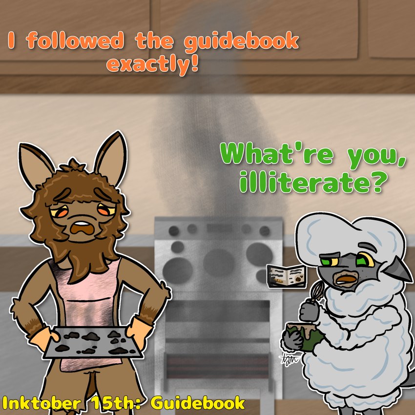 anthro appliance apron baking burnt_food clothing cookie cooking dough duo female food fur handwear kitchen_appliance male male/female oven oven_mitts simple_background smoke toony relyt2442 inktober the_nature_of_predators firon_(nopov) raila_(nopov) mammal venlil_(the_nature_of_predators) 1:1 2024 digital_media_(artwork) hi_res