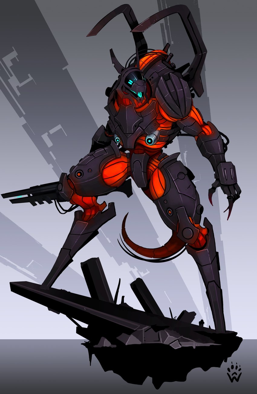 anthro cable claws grey_body gun machine male multicolored_body open_mouth ranged_weapon red_body rifle science_fiction solo standing tail two_tone_body weapon wolfdawg infinity_(wargame) robot synth_(vader-san) 2025 absurd_res hi_res