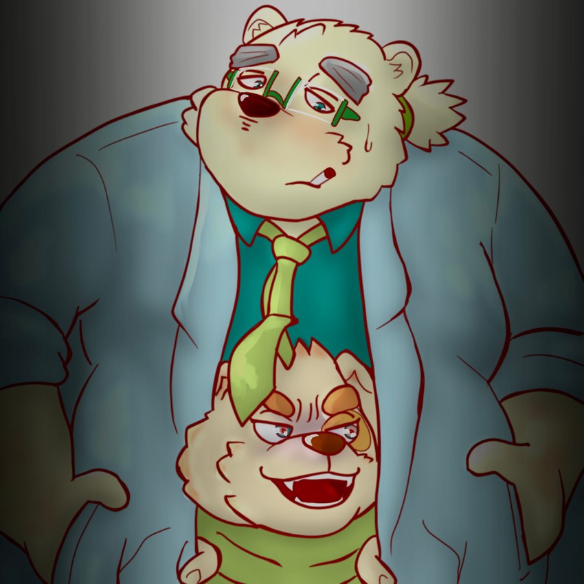 anthro clothing duo humanoid_hands kemono male necktie overweight overweight_male shirt smoking topwear nigauritaruto here's_johnny_(meme) lifewonders stephen_king_(copyright) the_shining tokyo_afterschool_summoners cu_sith_(tas) leib_(tas) bear canid canine canis domestic_dog mammal polar_bear ursine 1:1 2021 absurd_res hi_res