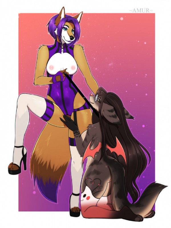 anthro areola breasts duo female hair kneeling nipples purple_hair standing tail amur canid canine fox mammal 2019 digital_media_(artwork) hi_res