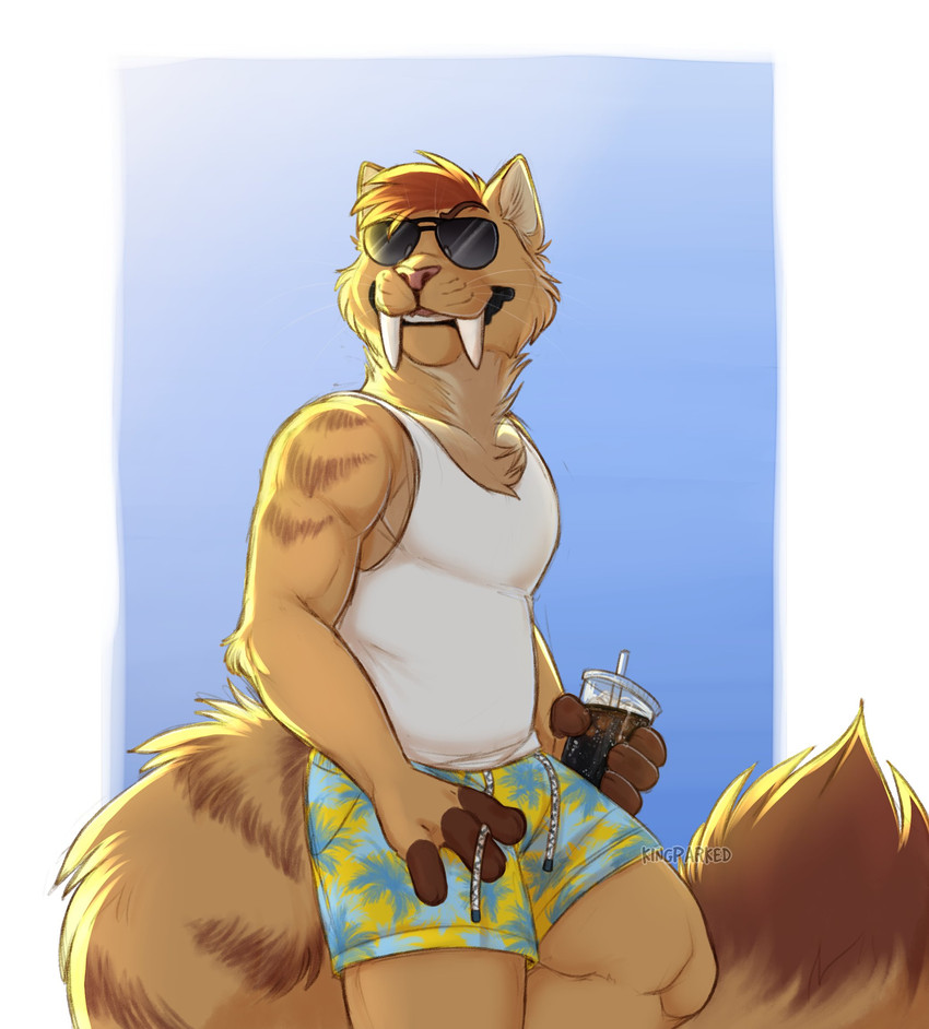 4_fingers anthro arm_markings arm_tuft beverage biceps black_lips blue_background blue_bottomwear blue_clothing blue_swimming_trunks blue_swimwear border bottomwear brown_body brown_fur brown_markings brown_stripes brown_tail cheek_tuft chest_tuft clothed clothing container cup dipstick_tail elbow_tuft eyewear facial_tuft fangs fingerless_(marking) fingers fluffy fluffy_tail front_view fur fur_markings fur_tuft glistening glistening_container glistening_cup glistening_eyewear glistening_sunglasses gradient_background hair holding_beverage holding_container holding_cup holding_object inner_ear_fluff light lips long_tail male markings monotone_clothing monotone_shirt monotone_tank_top monotone_topwear multicolored_body multicolored_bottomwear multicolored_clothing multicolored_fur multicolored_swimming_trunks multicolored_swimwear multicolored_tail muscular muscular_anthro muscular_male neck_tuft pattern_bottomwear pattern_clothing pattern_swimming_trunks pattern_swimwear pink_nose pointy_ears prick_ears sabertooth_(anatomy) shadow sharp_teeth shirt short_hair shoulder_markings simple_background smile snout solo striped_arms striped_body striped_fur striped_markings striped_shoulders striped_tail stripes sunglasses swimming_trunks swimwear tail tail_markings tan_body tan_fur tan_tail tank_top teeth topwear tuft whiskers white_border white_clothing white_shirt white_tank_top white_topwear yellow_bottomwear yellow_clothing yellow_swimming_trunks yellow_swimwear kingparked mikko felid mammal prehistoric_species saber-toothed_tiger 2020 digital_media_(artwork) hi_res portrait shaded signature three-quarter_portrait