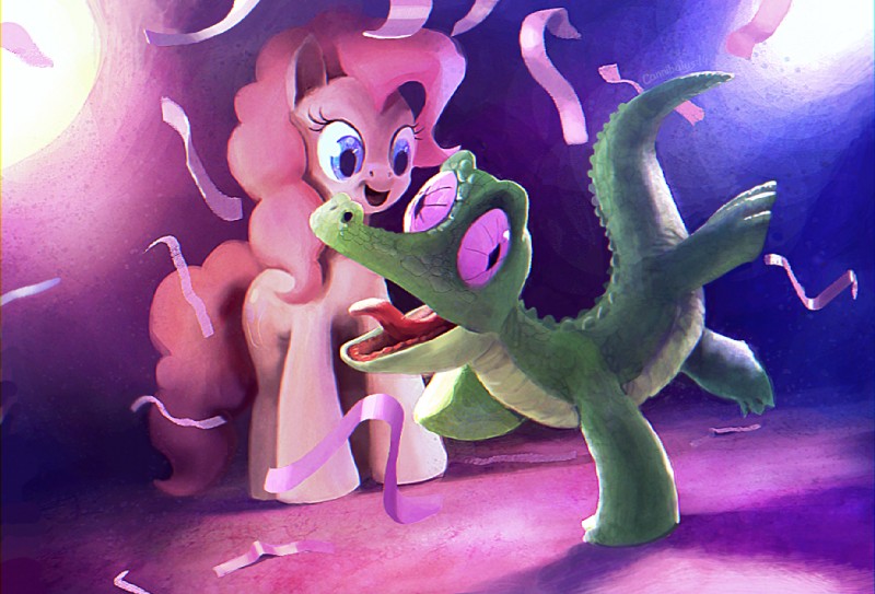 abstract_background blue_eyes confetti_streamer cutie_mark duo female feral fur green_body green_scales hair mane on_one_leg open_mouth pink_body pink_fur pink_hair purple_eyes scales shadow simple_background smile standing tongue cannibalus friendship_is_magic hasbro my_little_pony gummy_(mlp) pinkie_pie_(mlp) alligator alligatorid crocodilian earth_pony equid equine horse mammal pony reptile scalie shaded signature