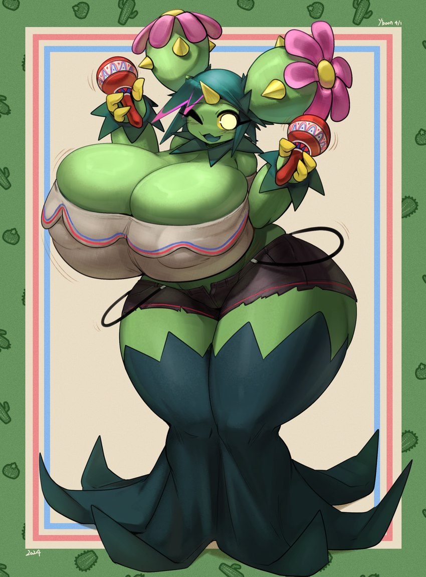 big_breasts breasts cleavage clothed clothing female holding_musical_instrument holding_object huge_breasts looking_at_viewer maraca musical_instrument nipple_outline one_eye_closed percussion_instrument plant solo thick_thighs wink winking_at_viewer yboon nintendo pokemon elemental_creature flora_fauna generation_5_pokemon humanoid maractus pokemon_(species) 2024 absurd_res hi_res