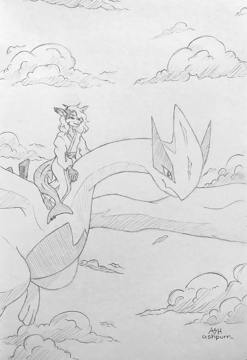 anthro clothing cloud duo feral flying hair long_hair long_tail male piercing robe tail ashpurr nintendo pokemon aorpheat fish generation_2_pokemon legendary_pokemon lugia marine pokemon_(species) shark hi_res monochrome traditional_media_(artwork)