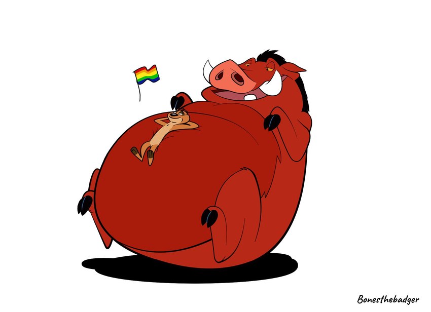 belly big_belly duo feral fur hair half-closed_eyes hands_behind_back hooves leaning leaning_backward lgbt_pride lying lying_on_another male mouth_closed narrowed_eyes nude obese obese_feral obese_male on_back open_mouth overweight overweight_feral overweight_male pride_color_flag pride_colors rainbow_pride_colors six-stripe_rainbow_pride_colors smile teeth tusks bonesthebadger disney the_lion_king pumbaa timon herpestid mammal meerkat suid suina warthog 2024 hi_res signature