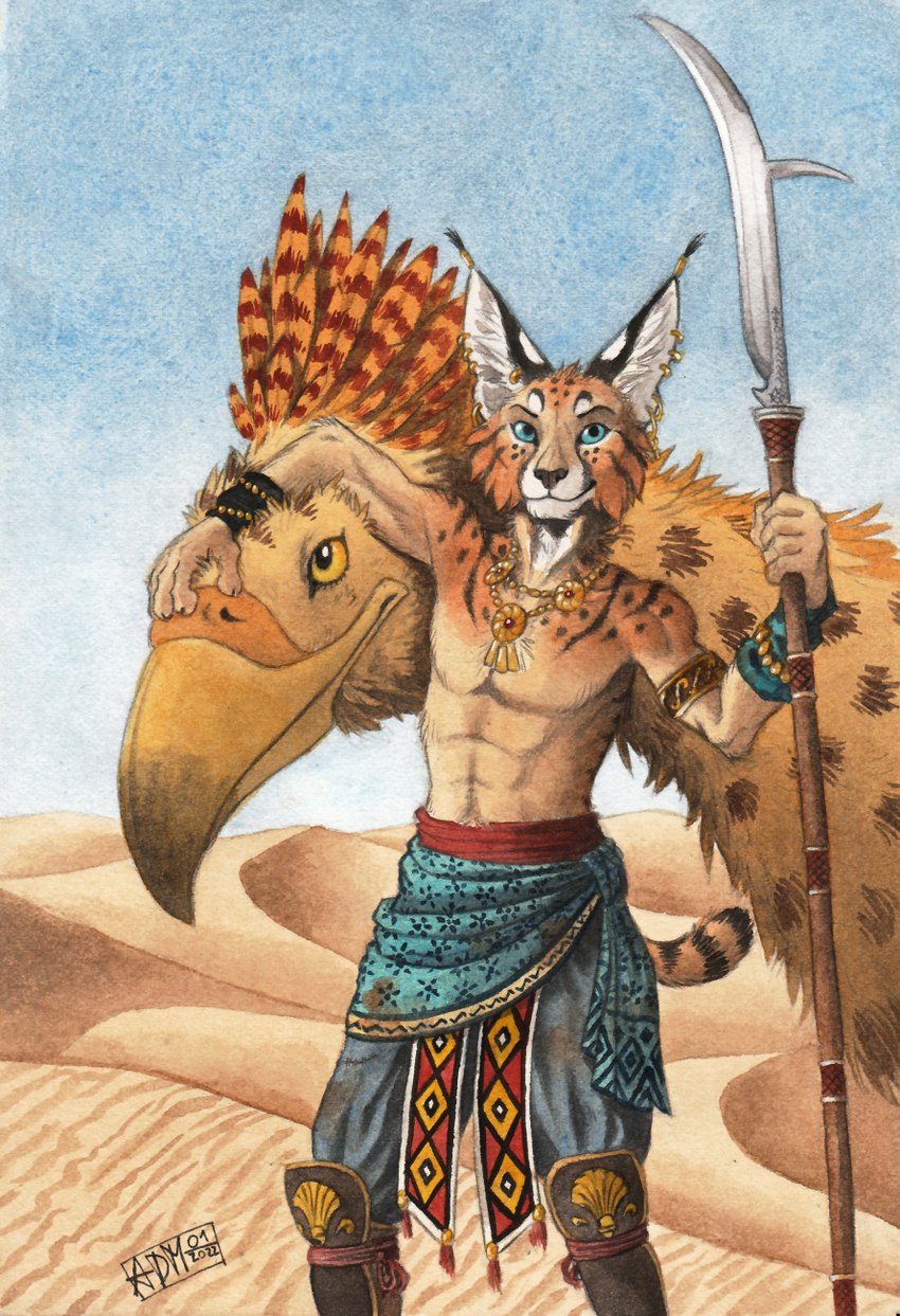 5_fingers abs anthro armlet armor beak blue_sclera bottomwear bracelet clothed clothing day desert detailed_background duo ear_piercing ear_ring feather_markings feathered_crest feathers female fingers fur fur_markings greaves hand_on_head head_crest holding_melee_weapon holding_object holding_polearm holding_spear holding_weapon jewelry looking_at_viewer male markings melee_weapon necklace outside pants piercing polearm ring_piercing sand_dune sky smile spear standing striped_markings striped_tail stripes tail tail_markings tan_body tan_feathers tan_fur topless weapon yellow_sclera 0laffson azad_(0laffson) tara_(0laffson) avian bird caracal caracal_(genus) felid feline hybrid mammal 2022 dated hi_res signature