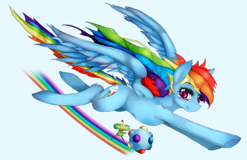 blue_body blue_feathers blue_fur blush cutie_mark duo feathered_wings feathers female feral fur hair long_hair multicolored_hair quadruped rainbow_hair smile tail wings slugbox friendship_is_magic hasbro katamari my_little_pony mythology prince_of_all_cosmos rainbow_dash_(mlp) equid equine mammal mythological_creature mythological_equine pegasus 2011