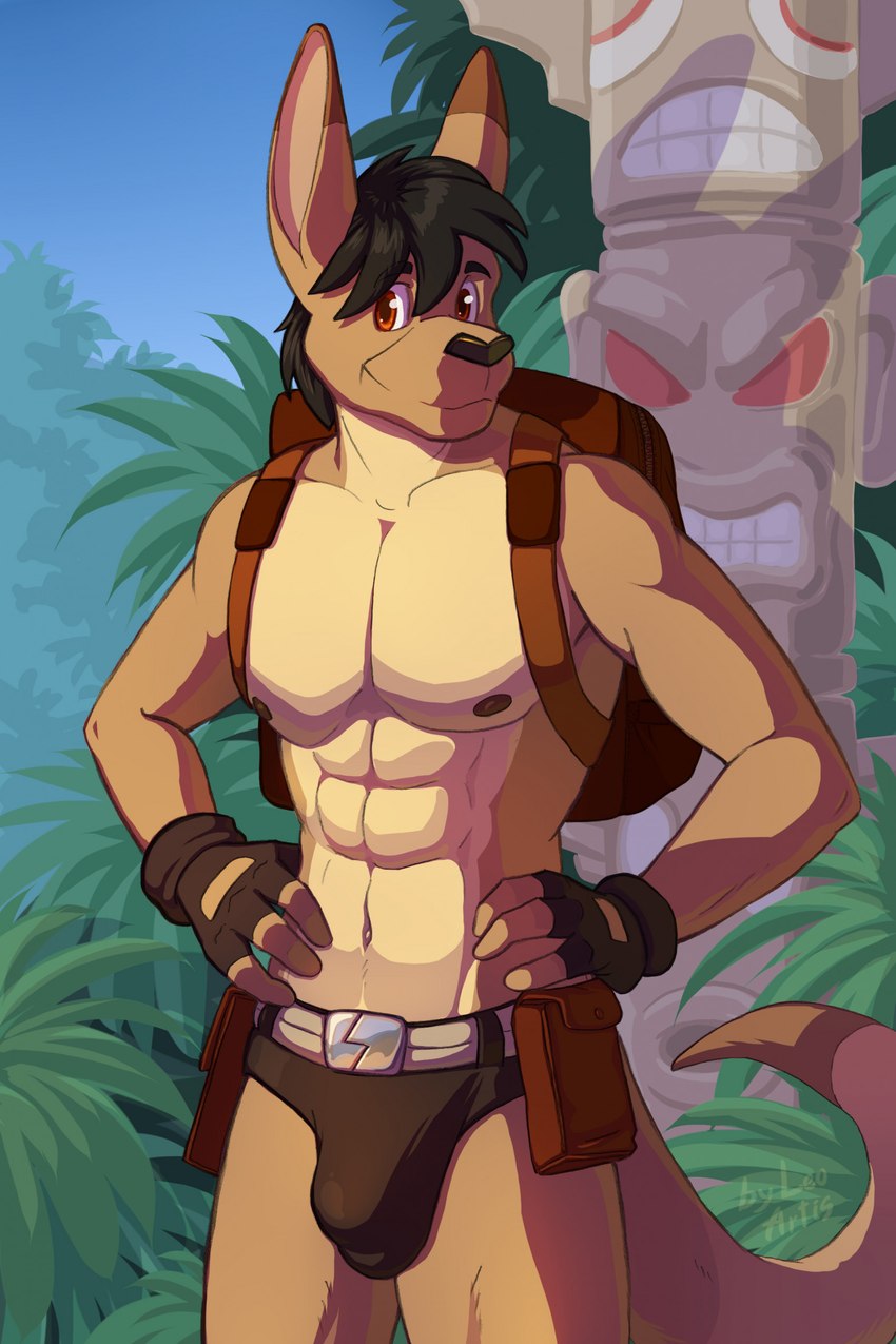 abs anthro backpack bulge clothed clothing detailed_bulge fingerless_gloves forest gloves hands_on_hips handwear jungle male outside plant skimpy solo standing totem_pole tree underwear leo-artis kangaroo macropod mammal marsupial 2023 hi_res