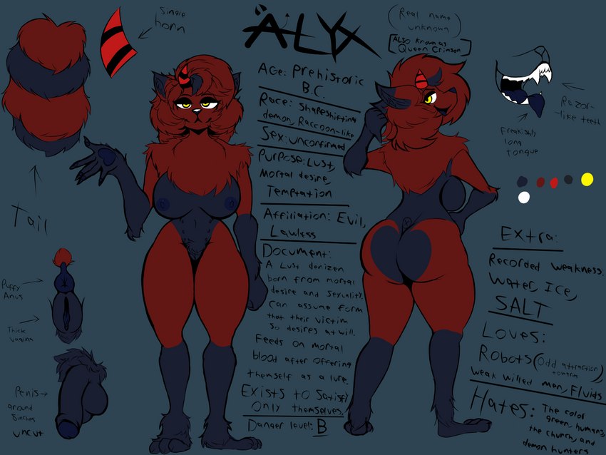 anthro blue_body blue_fur blue_genitals butt feet female fluffy fluffy_tail fur hair horn messy_hair nude pose pubes red_body red_fur solo standing tail toes yellow_eyes infernaltanuki alex_mayhem demon mammal procyonid raccoon 4:3 hi_res model_sheet