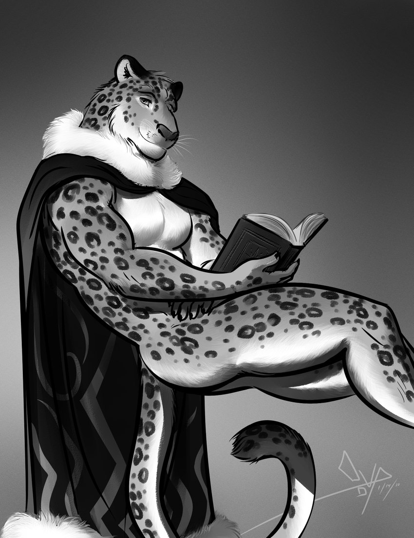 anthro book cape clothing eyebrows floating fluffy_collar fur lurid magic_user male markings nude pecs smile solo spots spotted_body spotted_fur whiskers bgn nej_plumen felid mammal pantherine snow_leopard hi_res monochrome