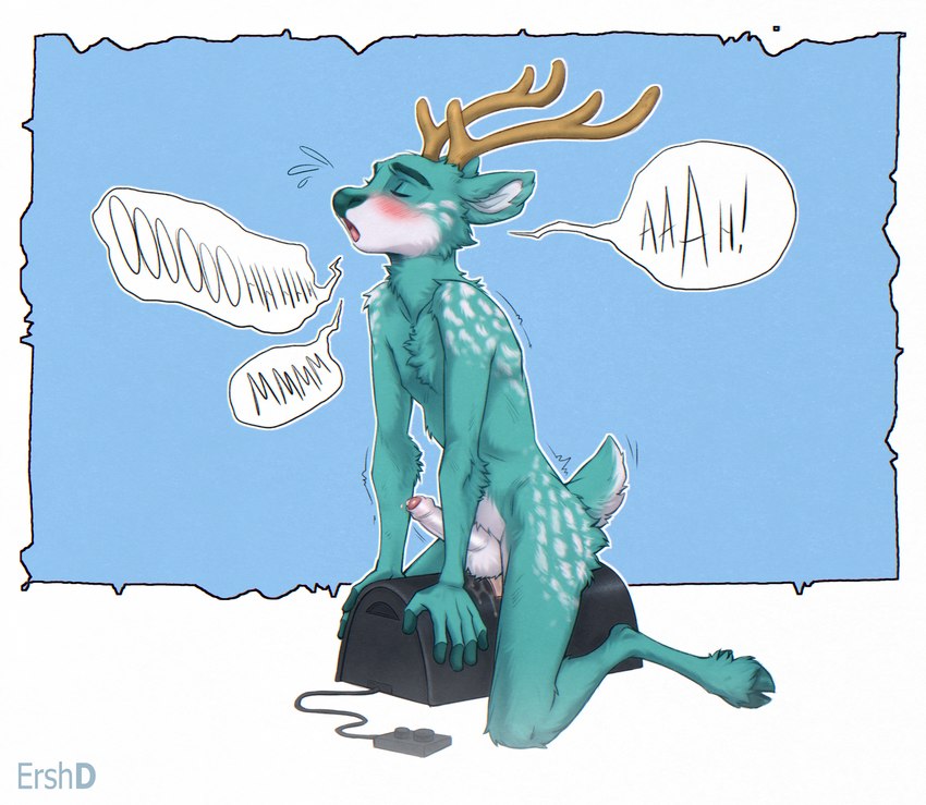 anthro antlers blush bodily_fluids cloven_hooves erection eyes_closed fur genital_fluids genitals green_body green_fur hooves horn humanoid_genitalia humanoid_penis looking_pleasured male masturbation moan nude open_mouth penis precum sex_toy short_tail solo sybian tail ershd deer mammal hi_res