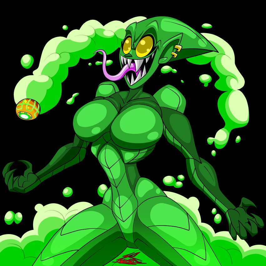 bomb breasts crossgender ear_piercing ear_ring empty_eyes explosives featureless_crotch female green_body green_smoke humanoid_pointy_ears long_tongue metallic_body not_furry open_mouth piercing pointy_ears pumpkin_bomb ring_piercing sharp_teeth smile smoke solo teeth tongue tongue_out therizkpiecraft marvel green_goblin goblin humanoid 1:1 absurd_res hi_res