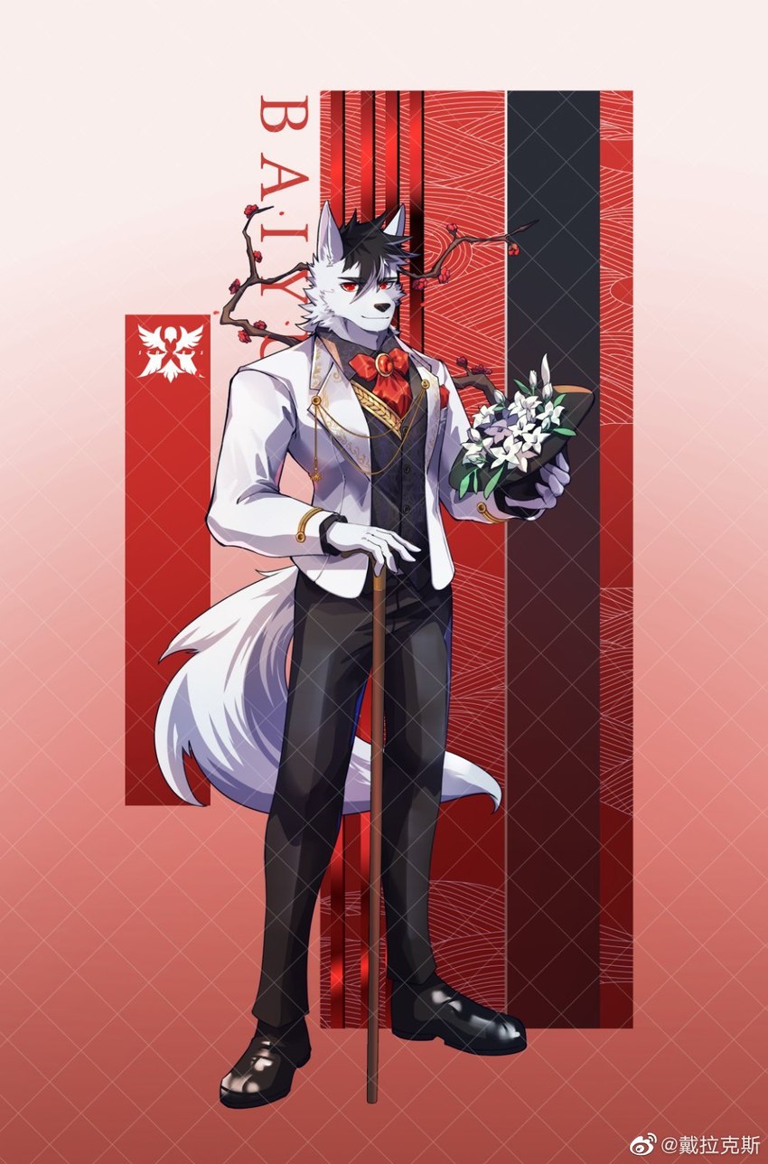 anthro bouquet bow_ribbon branch clothing flower footwear jacket male plant shoes solo staff topwear delax_(artist) tianhehui bai_yu_(tianhehui) hi_res