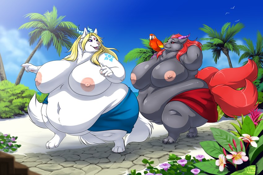 2_horns 4_tails anthro areola beach belly big_belly big_breasts blonde_hair breasts claws clothed clothing day detailed_background digitigrade duo ears_back ears_up female finger_claws flower fur grey_body grey_fur hair handpads horn huge_belly huge_breasts light long_tail morbidly_obese morbidly_obese_female multi_tail neck_tuft nipples obese obese_female overweight overweight_female palm_tree pawpads pink_areola pink_nipples pivoted_ears plant purple_eyes red_eyes red_hair seaside sky sunlight swimming_trunks swimwear tail thick_arms thick_thighs toe_claws topless tree tuft walking white_body white_fur biglovealicia ambient_bird avian bird canid canine fox macaw mammal neotropical_parrot parrot true_parrot 2019 3:2 detailed full-length_portrait hi_res lighting portrait shaded signature