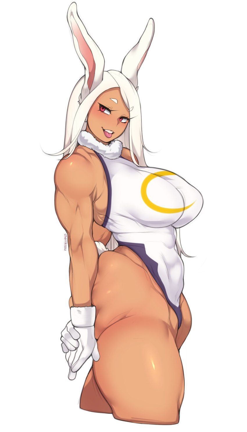 big_breasts breasts clothing female gloves hair handwear long_hair muscular muscular_female red_eyes solo thick_thighs tongue tongue_out white_clothing white_gloves white_handwear wide_hips cherrikissu my_hero_academia rumi_usagiyama animal_humanoid humanoid lagomorph lagomorph_humanoid leporid_humanoid mammal mammal_humanoid rabbit_humanoid hi_res