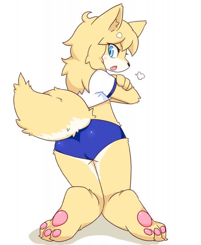 ambiguous_gender angry anthro asian_clothing athletic_wear big_butt biped blonde_hair blue_eyes blush bottomless bottomwear buruma butt clothed clothing east_asian_clothing female gym_uniform hair inner_ear_fluff japanese_clothing kemono kneeling long_hair looking_at_viewer looking_back open_mouth pawpads raised_tail simple_background solo tail teeth thick_thighs tongue tuft uniform white_background yakimo canid canine fox mammal hi_res