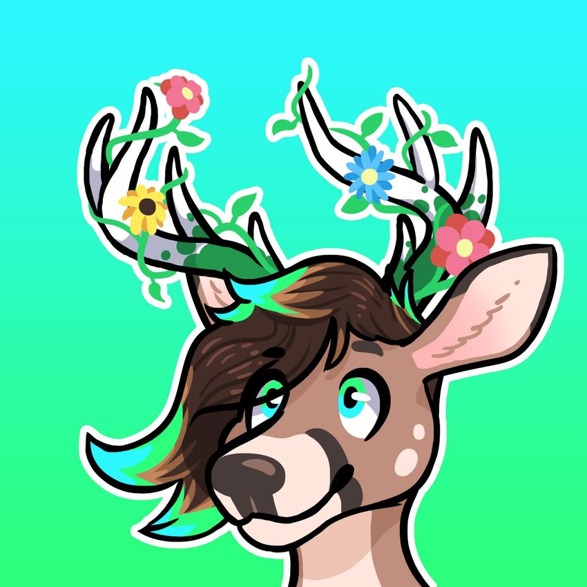 anthro antlers blue_eyes blue_highlights brown_body brown_fur brown_hair eye_through_hair eyebrow_through_hair eyebrows flower fur gradient_background gradient_eyes green_eyes green_highlights grey_nose hair highlights_(coloring) horn looking_up male multicolored_highlights outline plant simple_background smile snout solo tan_body tan_fur tan_inner_ear translucent translucent_hair two_tone_highlights vines white_antlers white_outline dyyrlysh kristoffer_everglade deer mammal new_world_deer white-tailed_deer 1:1 2019 cel_shading digital_drawing_(artwork) digital_media_(artwork) headshot_portrait hi_res krita_(artwork) portrait shaded