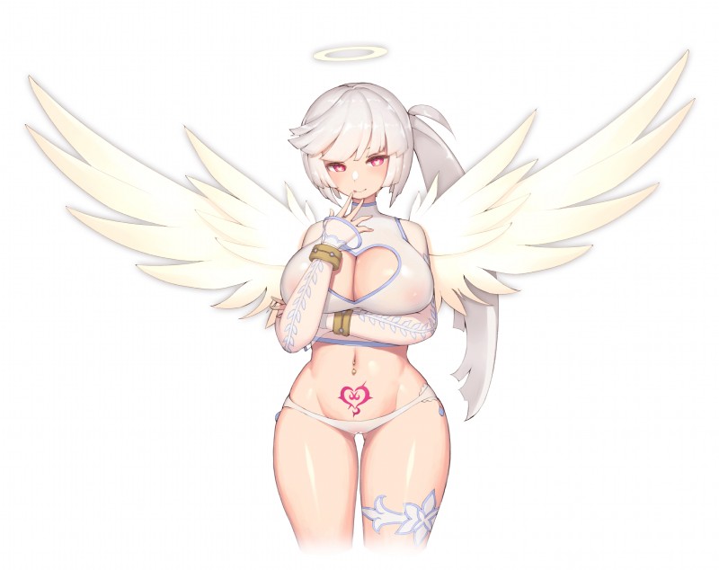 big_breasts breasts cleavage cleavage_cutout clothed clothing cutout feathered_wings feathers female hair halo heart_eyes heart_symbol nipples not_furry panties pink_eyes simple_background solo tattoo translucent translucent_clothing underwear white_background white_hair wings womb_tattoo pepper0 angel angel_humanoid humanoid winged_humanoid 2019 absurd_res hi_res