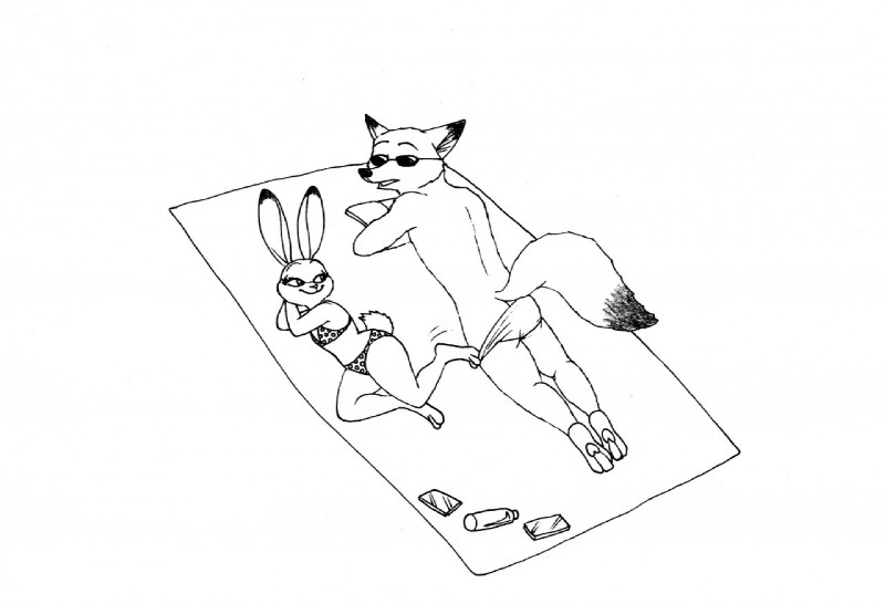 anthro beach bikini clothing duo female fur male on_towel outside seaside simple_background swimwear towel two-piece_swimsuit white_background bernielover disney zootopia judy_hopps nick_wilde canid canine fox lagomorph leporid mammal rabbit red_fox true_fox monochrome