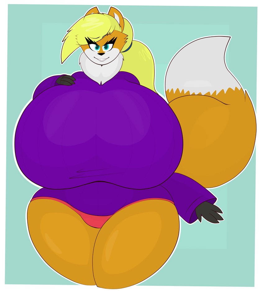 anthro big_breasts blonde_hair blue_eyes bottomwear breasts clothing female fluffy fluffy_tail fur hair huge_breasts mane neck_tuft orange_body orange_fur shorts sweater tail topwear tuft raccoonuki tammy_(raccoonuki) canid canine fox mammal red_fox true_fox absurd_res hi_res