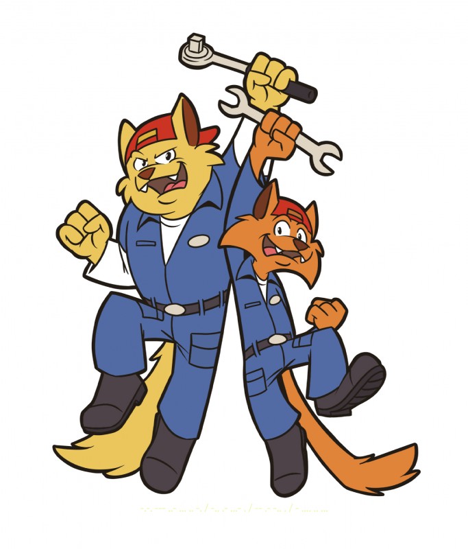 4_fingers anthro backwards_baseball_cap backwards_hat baseball_cap clothed clothing duo fingers fully_clothed hat headgear headwear holding_object holding_tool holding_wrench looking_at_viewer morse_code open_mouth open_smile simple_background smile tools white_background wrench heyitscousindave hanna-barbera swat_kats chance_furlong jake_clawson domestic_cat felid feline felis mammal 2018 digital_media_(artwork) hi_res