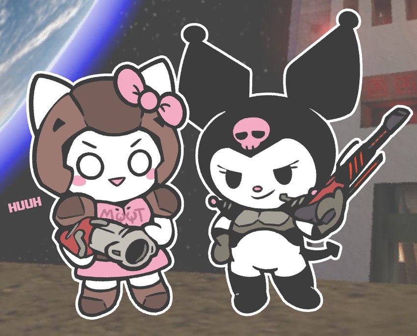 anthro armor black_hood bow_ribbon breasts chibi clothing duo earth female fur gun holding_object holding_ranged_weapon holding_weapon looking_at_viewer pink_clothing pink_shirt pink_topwear planet ranged_weapon rocket_launcher shirt small_breasts space standing text topwear tower weapon white_body white_fur arnkleblarn 4chan epic_games id_software microsoft onegai_my_melody quake sanrio unreal_(series) kuromi moot ranger_(quake) demon domestic_cat felid feline felis lagomorph leporid mammal rabbit 2025 crossover english_text hi_res