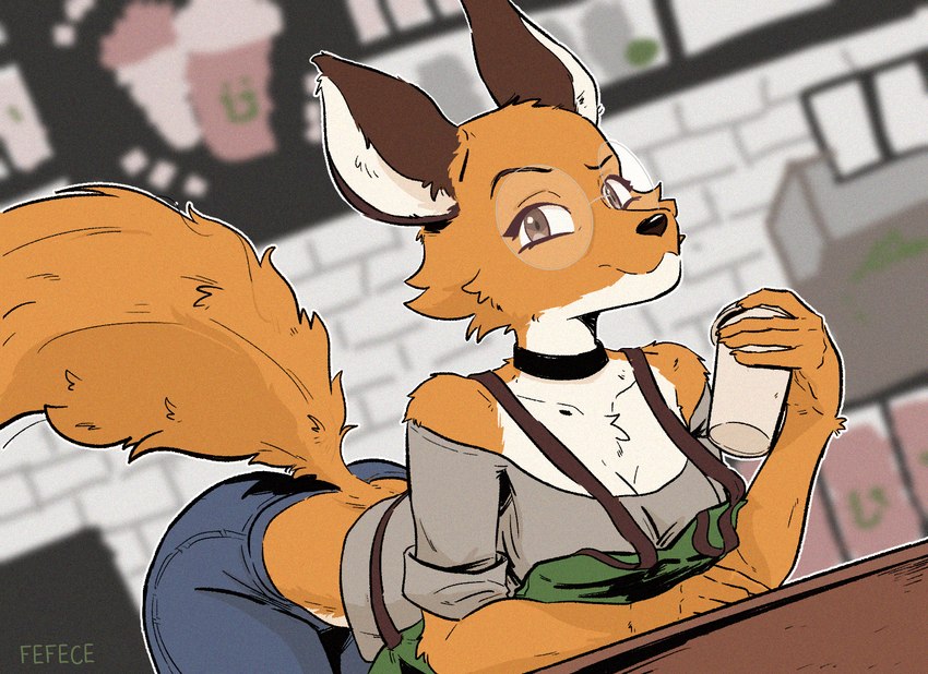 anthro apron blurred_background bottomwear clothing coffee_cup coffee_shop container cup denim denim_bottomwear denim_clothing eyewear female fluffy fluffy_tail fur glasses jeans leaning leaning_forward leaning_on_counter orange_body orange_fur pants solo tail fefece rey_(animatedmau) canid canine fox mammal colored