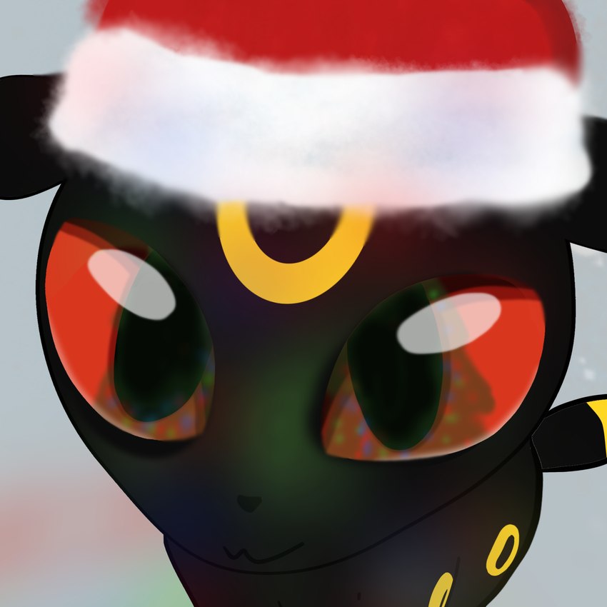 ambiguous_gender big_eyes black_body black_fur christmas_clothing christmas_headwear clothing feral floppy_ears fur hat headgear headwear holidays markings multicolored_body red_eyes santa_hat simple_background smile solo tail two_tone_body yellow_markings luzarte christmas nintendo pokemon eeveelution generation_2_pokemon mammal pokemon_(species) umbreon 1:1 digital_media_(artwork) hi_res