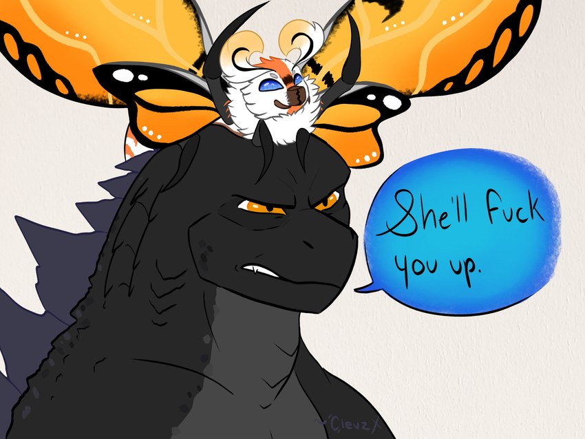 antennae_(anatomy) anthro black_body black_scales blue_eyes dialogue duo female feral fur gills glare insect_wings male multi_limb neck_tuft orange_eyes profanity scales simple_background speech_bubble spikes teeth text tuft vulgar wings clevzx godzilla_(series) monsterverse mothra_(series) toho godzilla mothra arthropod insect kaiju lepidopteran monster moth reptile scalie 4:3 digital_media_(artwork) english_text hi_res meme