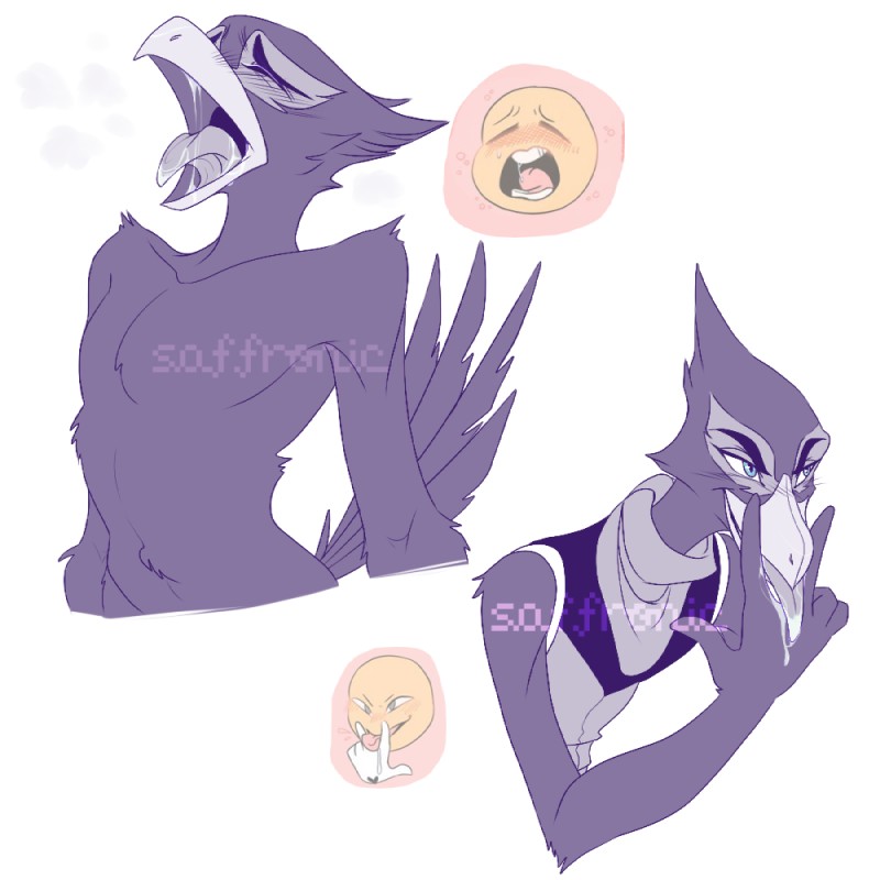 anthro beak blush bodily_fluids clothed clothing feathers male open_beak open_mouth saliva simple_background solo suggestive tail tail_feathers tongue tongue_out white_background saffronic nintendo star_fox falco_lombardi avian bird 1:1 digital_media_(artwork)