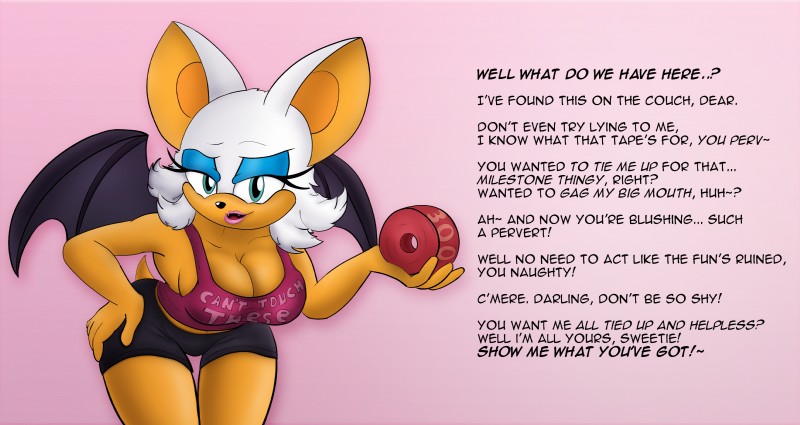 anthro big_breasts bottomwear breasts cleavage clothed clothing dialogue female looking_at_viewer open_mouth shorts simple_background solo tape text wings darkman-zero sega sonic_the_hedgehog_(series) rouge_the_bat bat mammal absurd_res english_text hi_res