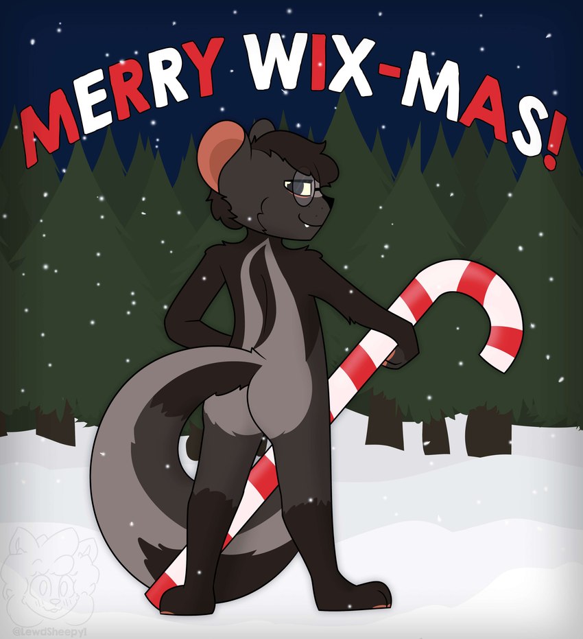 anthro black_nose blue_sky brown_hair butt candy candy_cane dessert detailed_background eyewear eyewear_only fangs feet food fur glasses glasses_only grey_body grey_fur hair hindpaw holidays looking_at_viewer looking_back looking_back_at_viewer male male_anthro merry_christmas narrowed_eyes night nude outside paws pince-nez pink_inner_ear plant plantigrade rear_view red_text round_glasses sky smile snow snowing solo standing tail teeth text tree wearing_glasses white_text sleepysheepy17 christmas wix_(skunkwix) mammal mephitid skunk striped_skunk 2023 absurd_res adobe_photoshop_(artwork) digital_drawing_(artwork) digital_media_(artwork) full-length_portrait hi_res portrait shaded soft_shading watermark