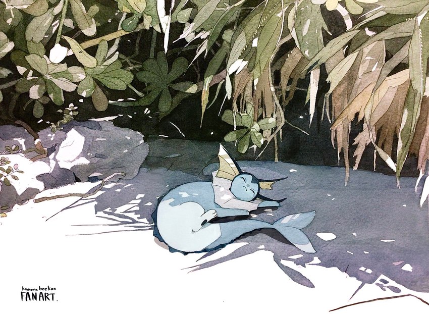 ambiguous_gender blue_body blue_fur feral fur lying lying_on_ground on_ground on_side plant resting solo tail text under_shade kamonabeekon nintendo pokemon eeveelution generation_1_pokemon mammal pokemon_(species) vaporeon 2023 artist_name hi_res painting_(artwork) traditional_media_(artwork) traditional_painting_(artwork) traditional_watercolor_(artwork) watercolor_(artwork)