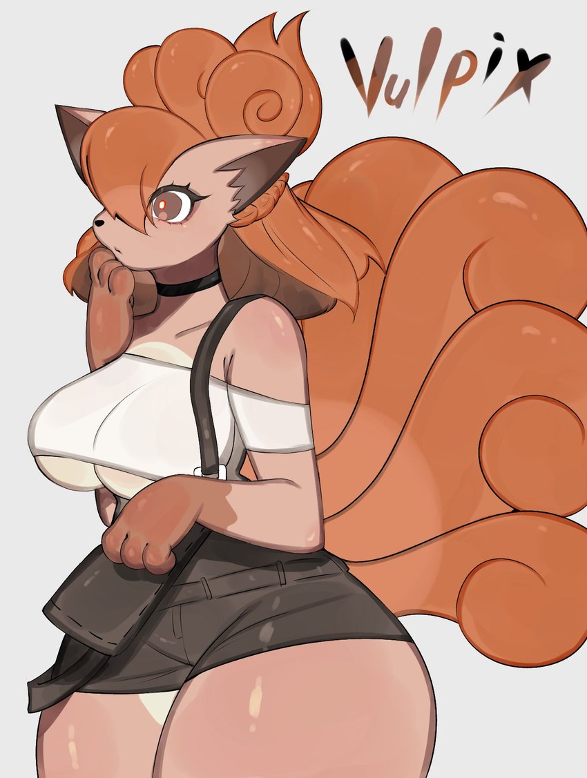 anthro big_breasts breasts clothed clothing female multi_tail sling_bag solo tail thick_thighs wide_hips togetoge nintendo pokemon generation_1_pokemon pokemon_(species) vulpix hi_res