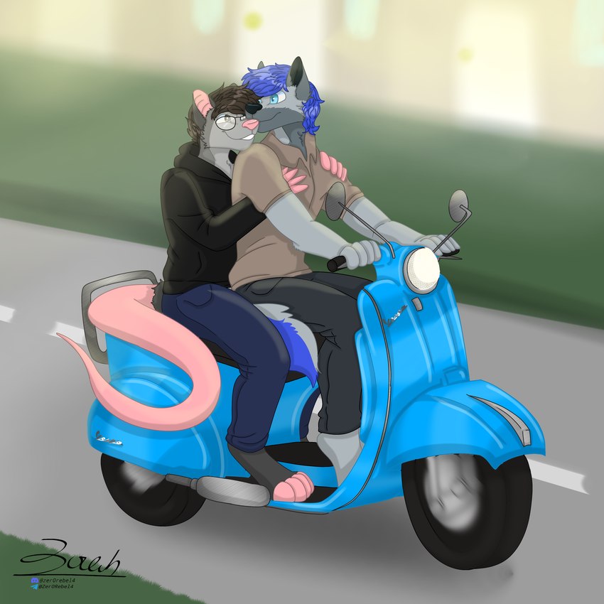 anthro black_body black_fur black_markings blue_body blue_eyes blue_fur blue_hair blue_markings bottomwear brown_hair clothing denim denim_bottomwear denim_clothing eyewear fur glasses green_eyes grey_body grey_fur grey_markings hair hoodie interspecies interspecies_romance jeans logo male male/male markings motorcycle outside pants paws road romantic romantic_ambiance romantic_couple sitting smile topwear vehicle zer0rebel4 discord_(app) telegram vespa alex_(alexfolfsky) american_opossum canid canine canis domestic_dog fox husky hybrid mammal marsupial nordic_sled_dog spitz wolf 1:1 2024 absurd_res hi_res trans_(lore) trans_man_(lore)