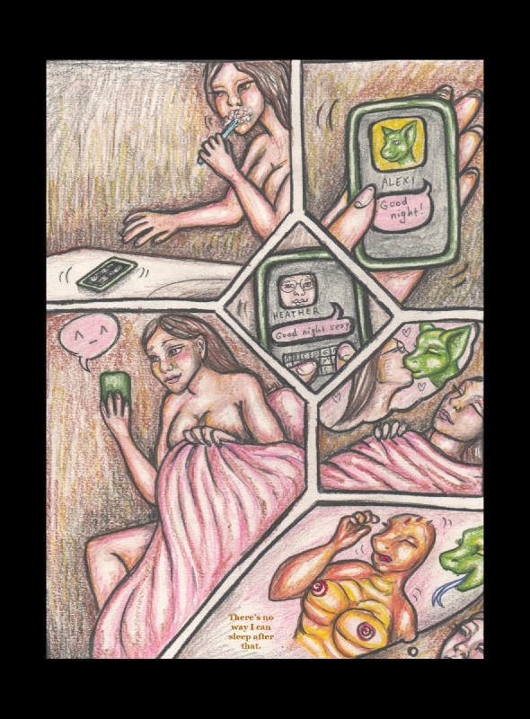 ^_^ anthro bed black_border border breasts cellphone duo electronics eyes_closed eyewear female female/female furniture glasses hair human_on_anthro interspecies long_hair nipples nude phone smile text tongue tongue_out tiliquain zmeydros mythology the_tishen_transformation alexi_tishen heather_kowalski dragon human mammal mythological_creature mythological_scalie scalie 2013 colored_pencil_(artwork) comic english_text hi_res traditional_media_(artwork)