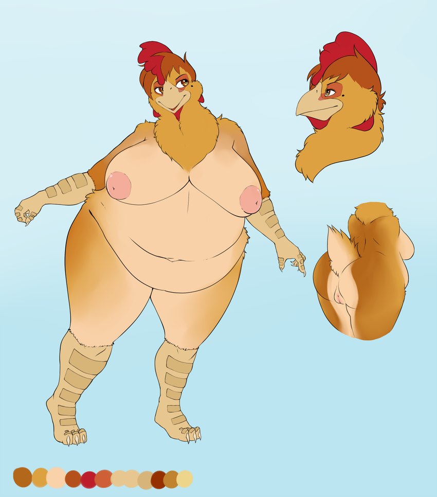 3_toes 5_fingers anthro anus areola avian_caruncle beak belly big_belly big_breasts big_butt biped black_eyebrows blue_background breasts brown_body brown_eyes brown_feathers brown_hair butt chest_tuft claws color_swatch comb_(anatomy) dewlap_(anatomy) eyebrows eyelashes feather_tuft feathers feet female finger_claws fingers front_view genitals gradient_background hair head_crest huge_breasts huge_thighs markings mature_anthro mature_female mole_(marking) multicolored_body multicolored_feathers multiple_angles navel nipples non-mammal_breasts non-mammal_nipples nude obese obese_anthro obese_female open_beak open_mouth overweight overweight_anthro overweight_female pink_areola pink_nipples pussy rear_view red_tongue scuted_arms scutes side_boob side_view simple_background solo standing tail tail_feathers tan_beak tan_body tan_claws tan_feathers thick_thighs toe_claws toes tongue tuft wattle wide_hips sukebepanda francine_(mirandaarqayla) avian bird chicken galliform gallus_(genus) phasianid 2013 archived_source digital_media_(artwork) full-length_portrait headshot_portrait hi_res model_sheet multiple_images portrait shaded