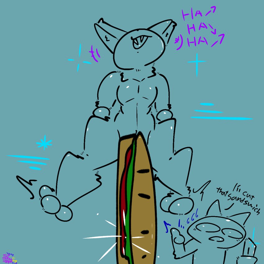 duo feral food knife laugh male pose sandwich_(food) standing catroad_ice_meow cat_ghost(ei_bing_gem) ei_xi_meow(ei_bing_gem) domestic_cat felid feline felis ghost mammal spirit 1:1 hi_res meme