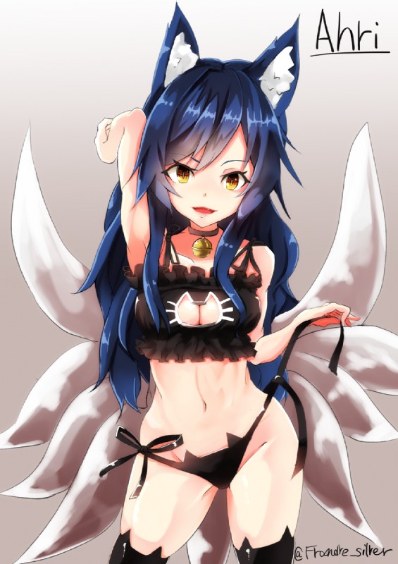 alternate_costume bell black_bra black_clothing black_hair black_legwear black_panties black_underwear bra breasts cat_ear_panties cat_keyhole_bra cat_keyhole_clothing cat_lingerie choker cleavage cleavage_cutout clothed clothing clothing_pull cutout female fox_tail frilly frilly_bra frilly_clothing frilly_underwear fur hair holding_strap jewelry keyhole_bra keyhole_clothing keyhole_underwear legwear lingerie long_hair looking_at_viewer multi_tail navel necklace open_mouth orange_eyes panties panty_pull side-tie_panties simple_background smile solo tail text thigh_highs touching_own_panties touching_panties training_bra underwear underwear_only underwear_pull untied_panties white_body white_fur シルヴぁー league_of_legends riot_games tencent ahri_(lol) animal_humanoid canid canid_humanoid canine canine_humanoid fox fox_humanoid humanoid mammal mammal_humanoid 2016 hi_res signature