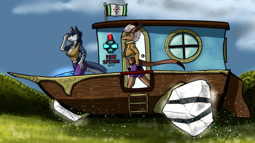 anthro blue_hair boat brace breasts clothed clothing cloud crystal duo eyewear facial_hair female flag floating glasses goatee green_eyes hair hospital jewelry magic mohawk outside pendant piercing red_eyes rock scar ship tail text vehicle watercraft white_hair feretta fleety_(artist) fleety_(character) marti canid canine canis kangaroo macropod mammal marsupial valkwulf wolf 16:9 2023 artist_collaboration hi_res widescreen herm_(lore)