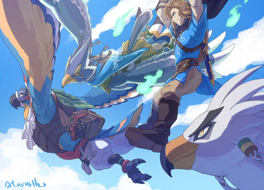 anthro biped blonde_hair blue_body blue_feathers extreme_sports feathers flying group hair male paraglider paragliding sky white_body white_feathers lan_rizardon breath_of_the_wild nintendo the_legend_of_zelda kass_(tloz) link revali teba_(tloz) avian bird ghost humanoid hylian rito spirit 2021 digital_media_(artwork)