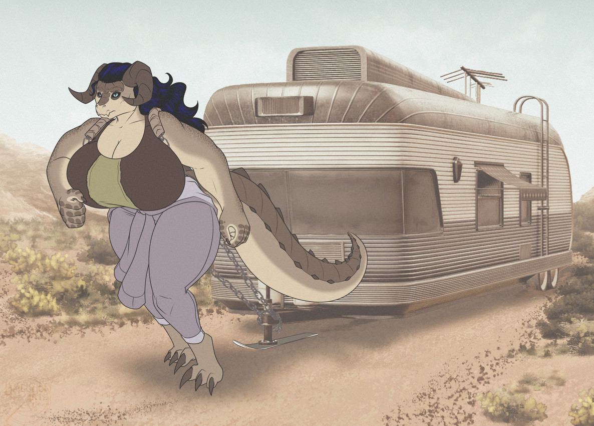 anthro barefoot big_breasts bottomwear breasts chain claws clothing day detailed_background digitigrade feet female horn huge_breasts outside pants road solo tail walking halcy0n fallout microsoft deathclaw scalie 2025 digital_media_(artwork) hi_res mixed_media