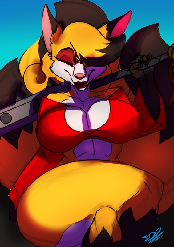 big_breasts breasts crossed_legs female holding_object holding_weapon multi_tail solo tail thick_thighs weapon weapon_on_shoulder djpuppeh asian_mythology east_asian_mythology japanese_mythology mike_argentum_(copyright) mythology kamiko canid canine fox mammal yokai absurd_res hi_res